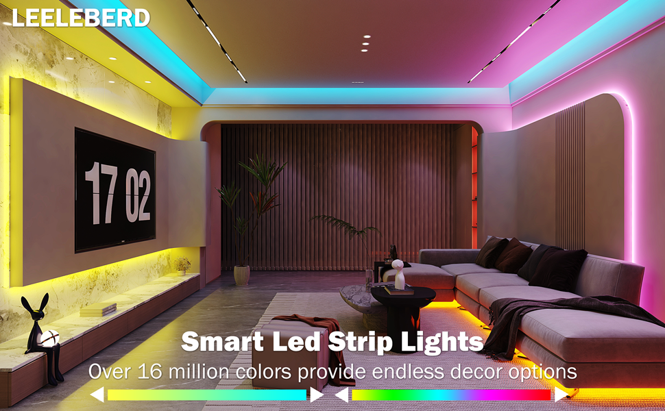 Smart LED strip lights illuminating a modern living room with vibrant colors